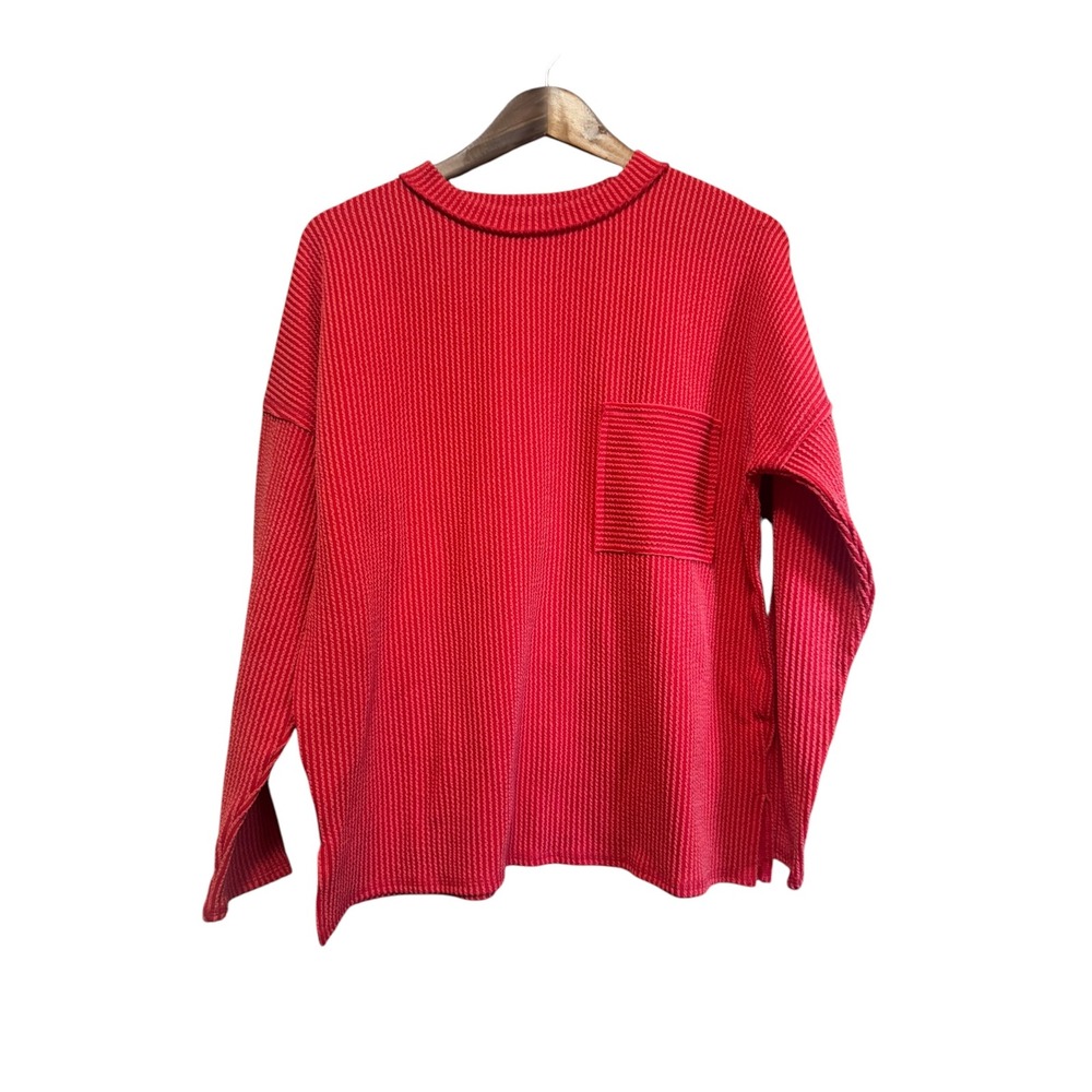 Zenana Ribbed Pocket Top Womens Small Red Excellent RTL-8527Y Long Sleeve
